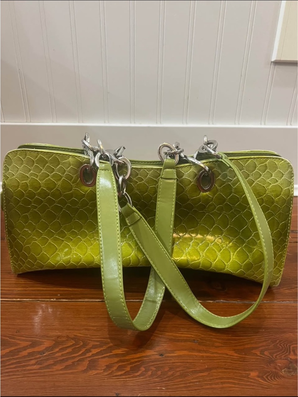 Green faux crocodile like purse